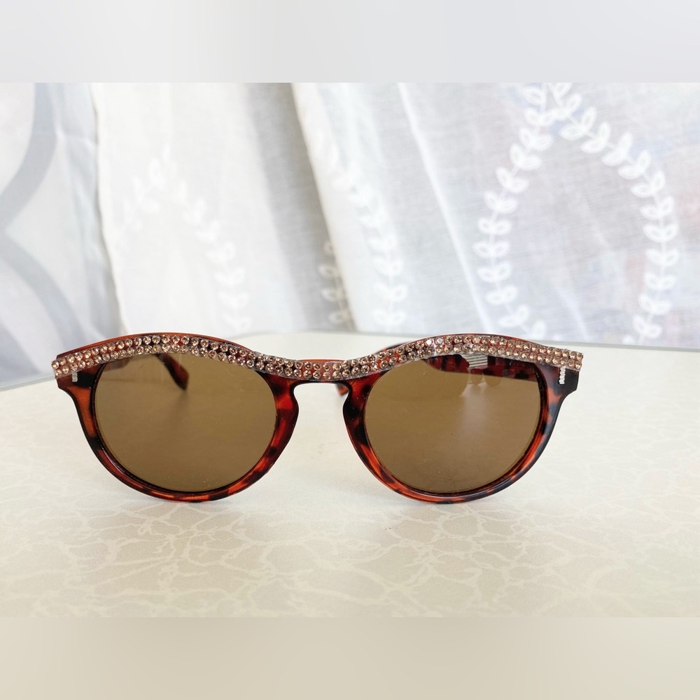 Tortoiseshell Round Sunglasses with Crystal Rhinestone Brow and sides Detail